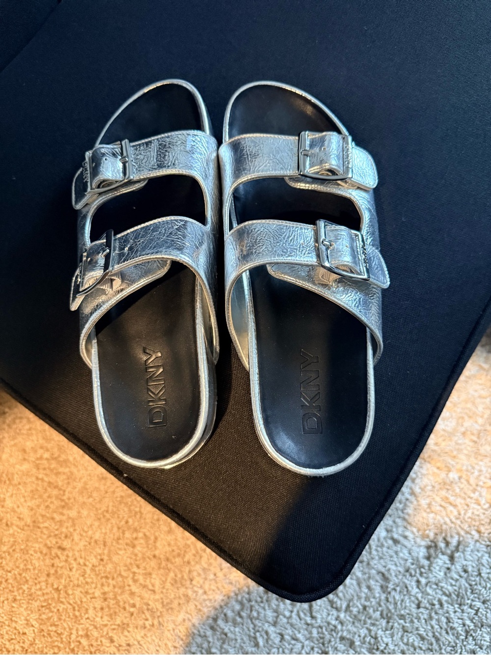 DKNY Silver Double-Buckle Slide Sandals